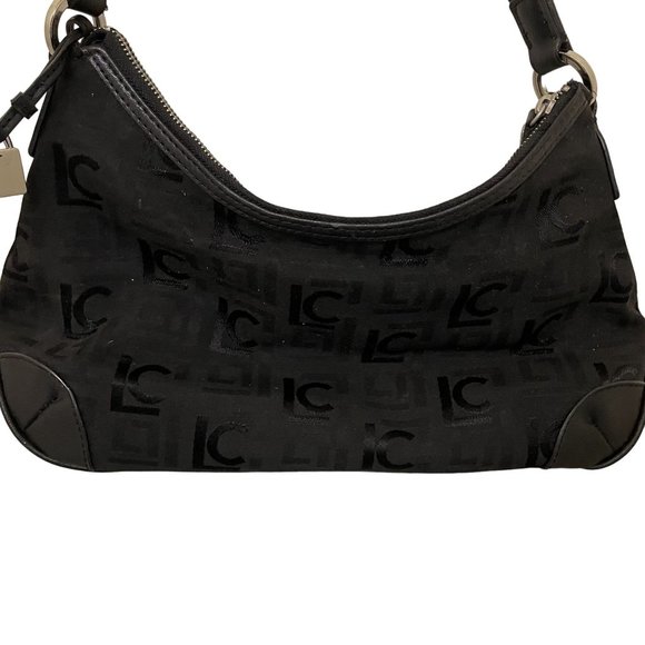 Liz Claiborne Womens Handbag Purse Black Logo Print Medium Silver Detail - Picture 2 of 6